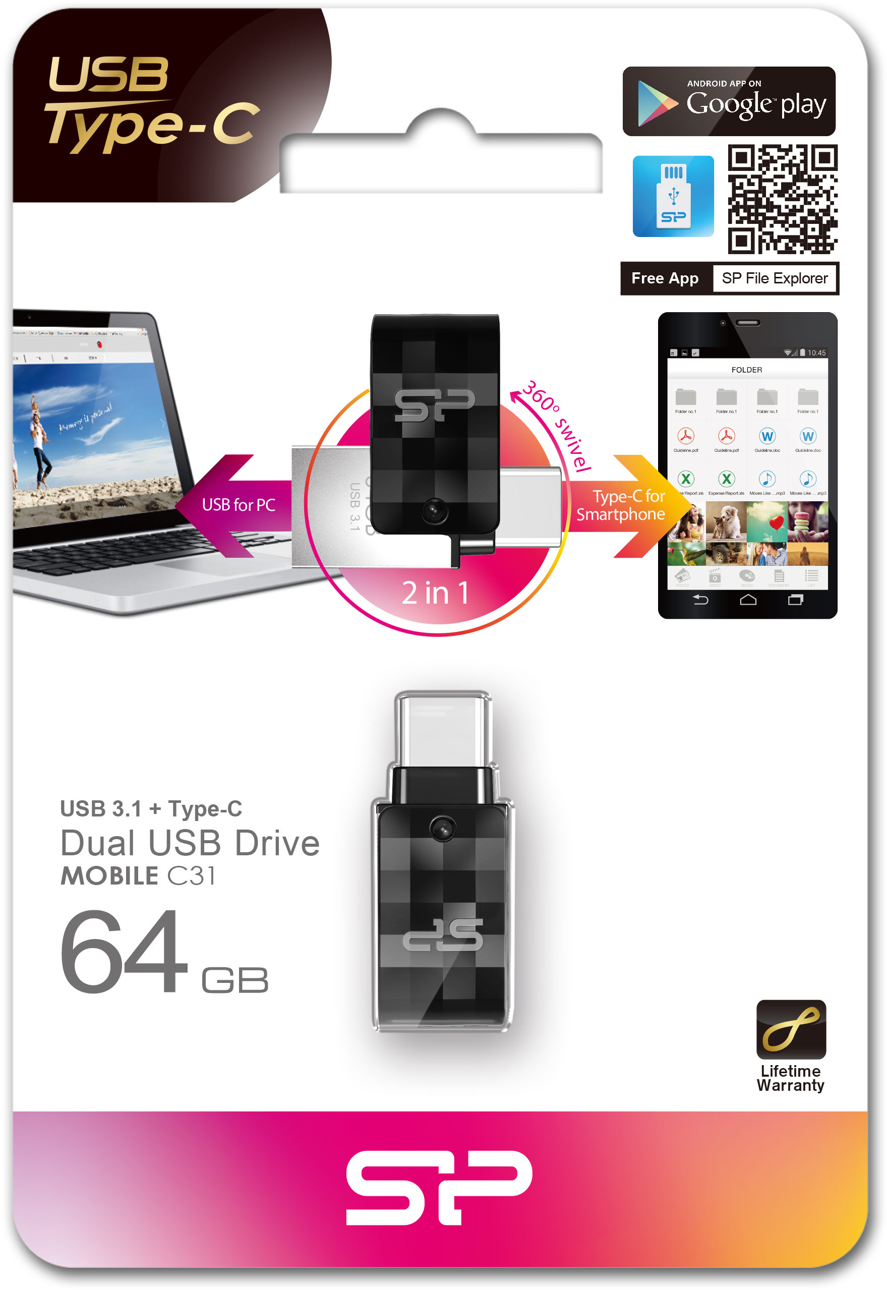 Silicon Power C31 Dual USB Pendrive Mobile 64GB USB-C Black - Afbeelding 2