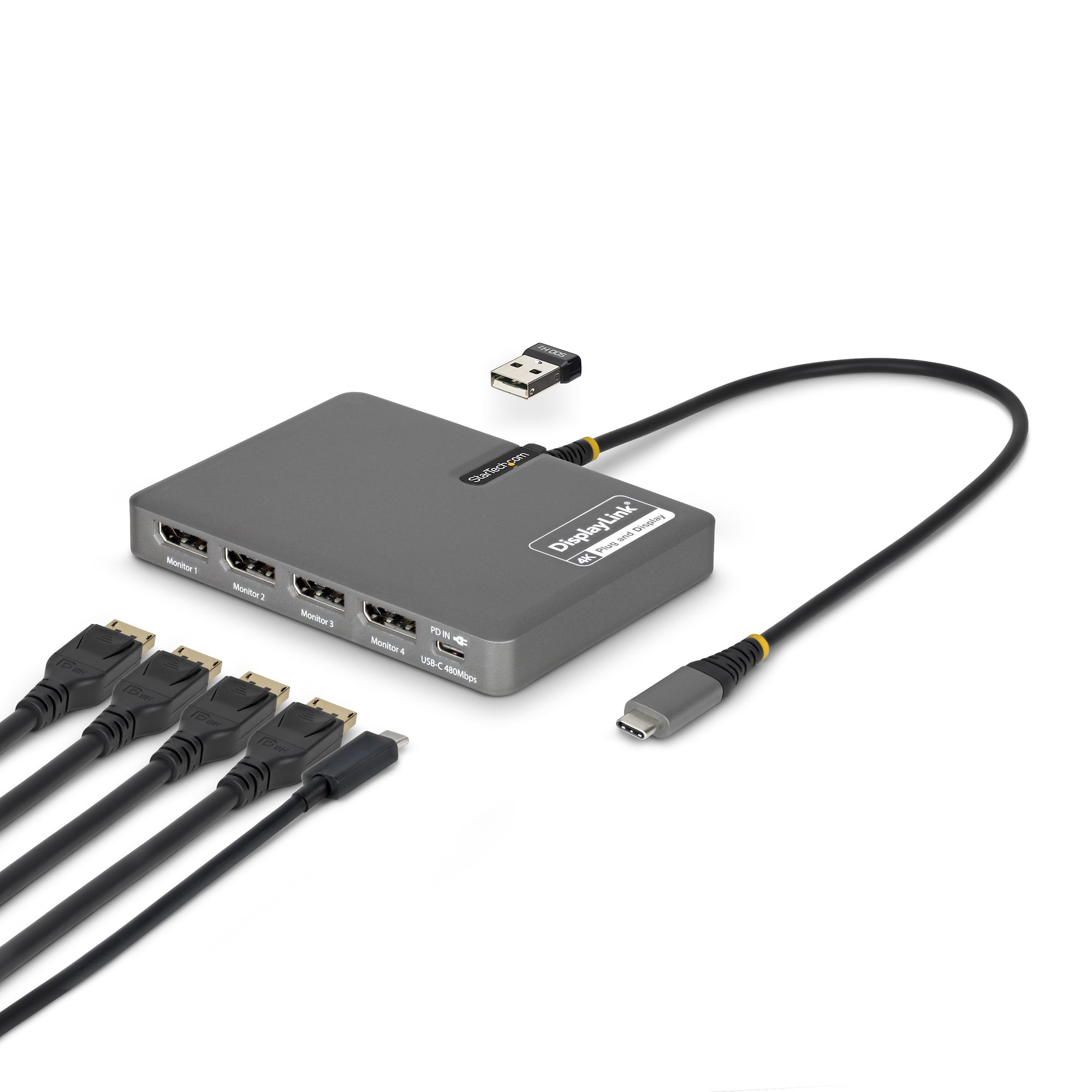 StarTech.com USB-C naar Quad-Monitor Adapter, 4K 60Hz DisplayPort, 140W PD Passthrough voor Laptop Opladen, USB Poort voor Wireless Toetsenbord / Muis, TAA - Afbeelding 2