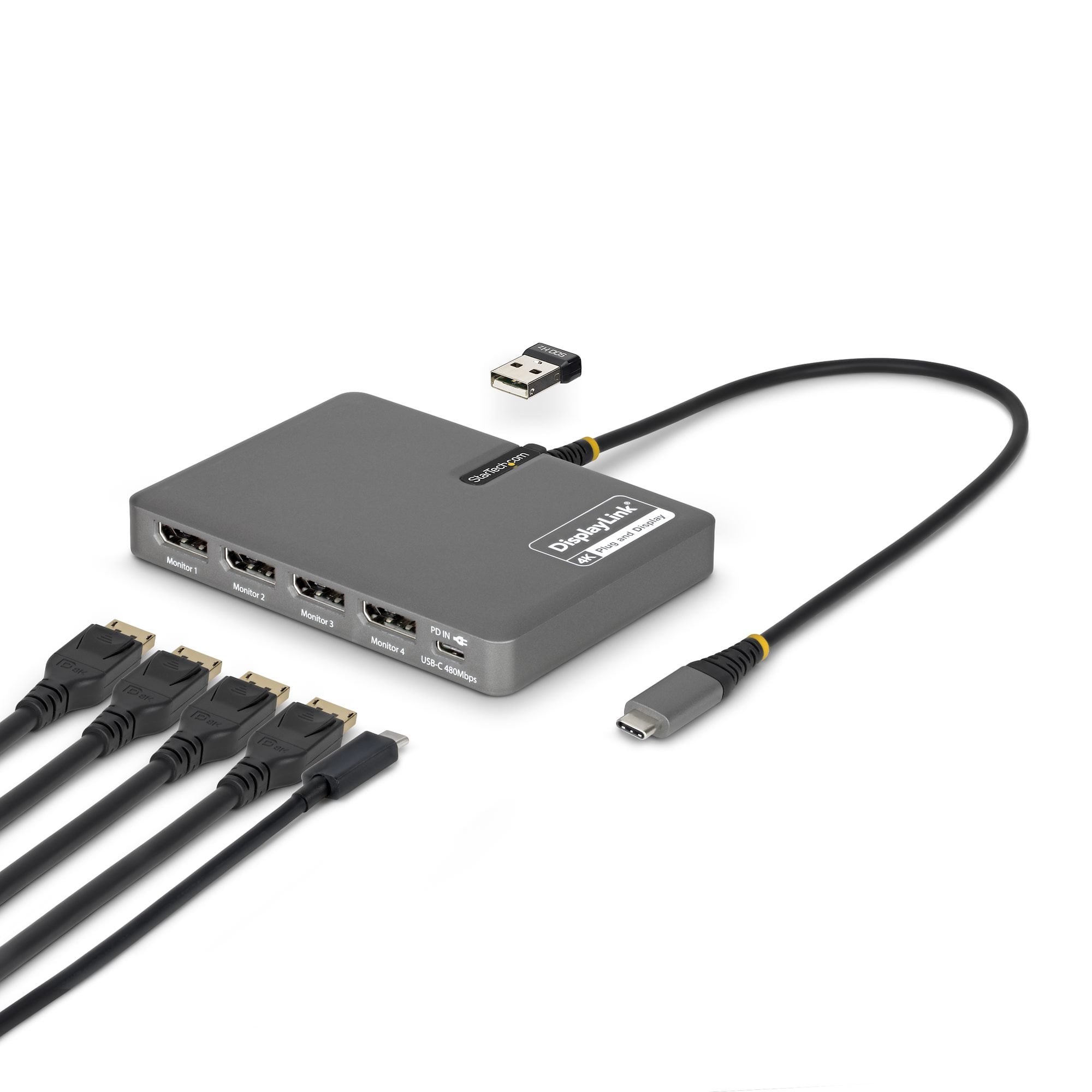 StarTech.com USB-C naar Quad-Monitor Adapter, 4K 60Hz DisplayPort, 140W PD Passthrough voor Laptop Opladen, USB Poort voor Wireless Toetsenbord / Muis, TAA
