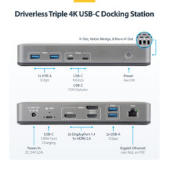 StarTech.com USB-C Docking Station Triple 4K Displays (2x 4K 60Hz, 1x 4K 30Hz), 100W Power Delivery, 6x USB 10Gbps, Gigabit Ethernet, DisplayPort + HDMI, Driverless Windows Laptop Dock - Afbeelding 3