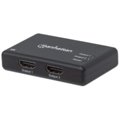 Manhattan HDMI-splitter met 2 poorten, 4K@30 Hz, dupliceert het signaal van 1 HDMI-bron naar 2 schermen (zelfde signaal op beide), netvoeding (kabel van 0,9 m), zwart, 3 jaar garantie