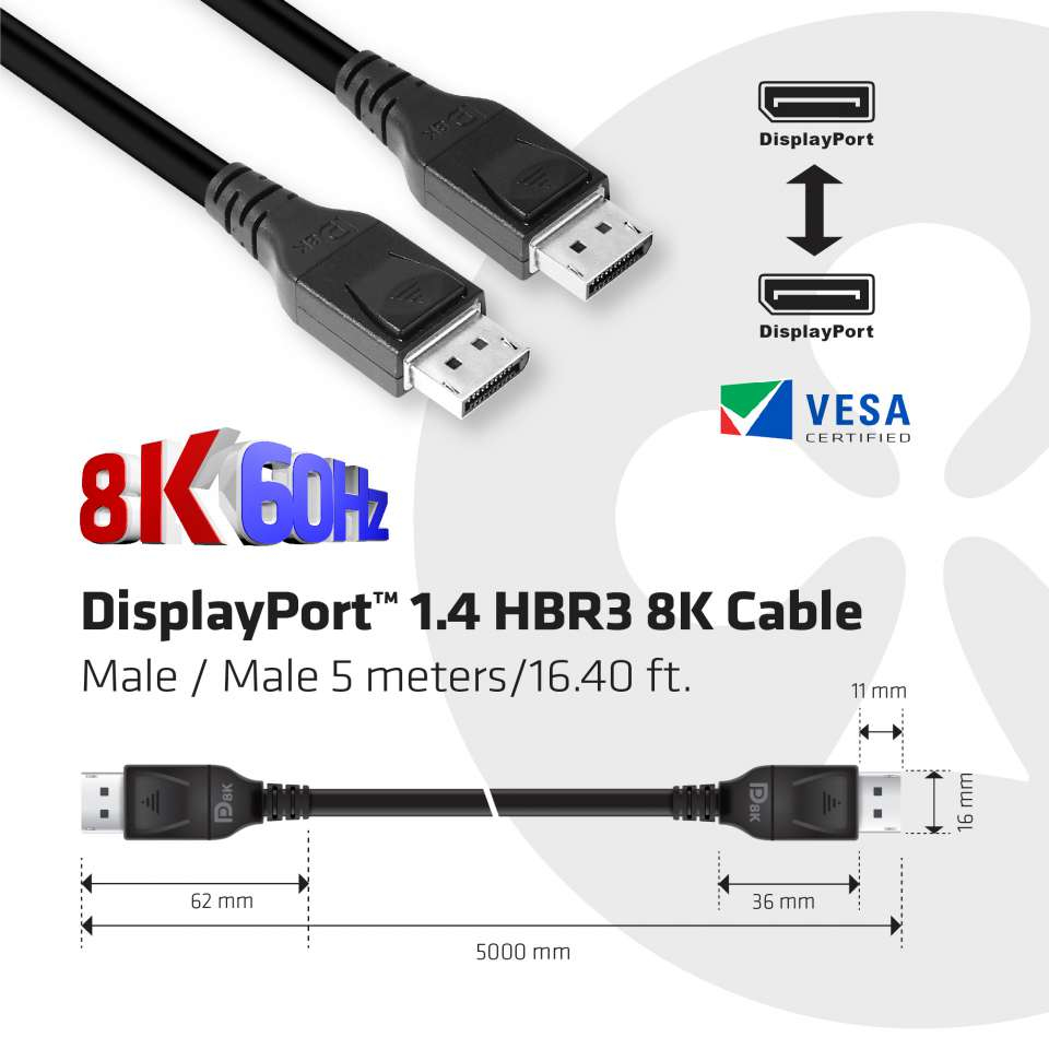 CLUB3D DisplayPort 1.4 HBR3 8K Kabel M/M 5 meter - Afbeelding 4