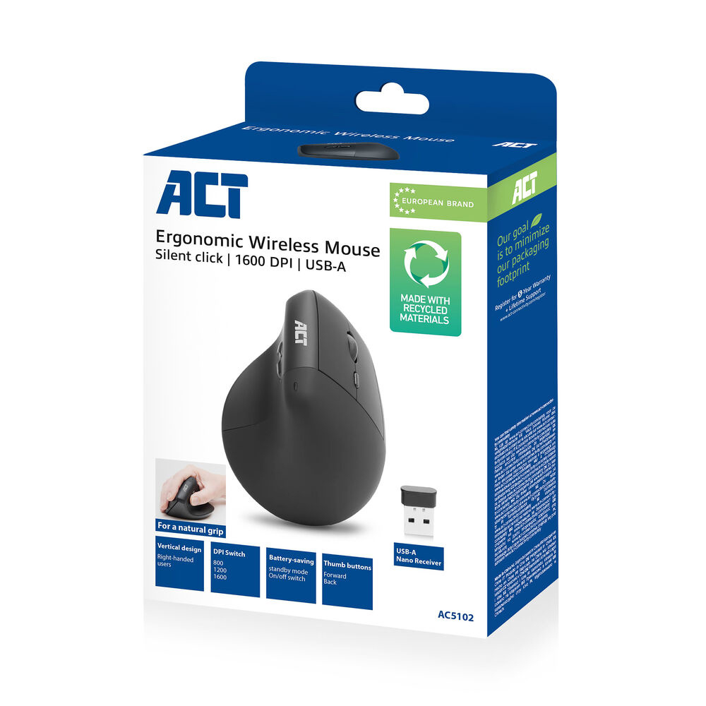 ACT Ergonomische draadloze muis 1600 DPI met verticale grip, gemaakt van gerecyclede materialen - Afbeelding 4