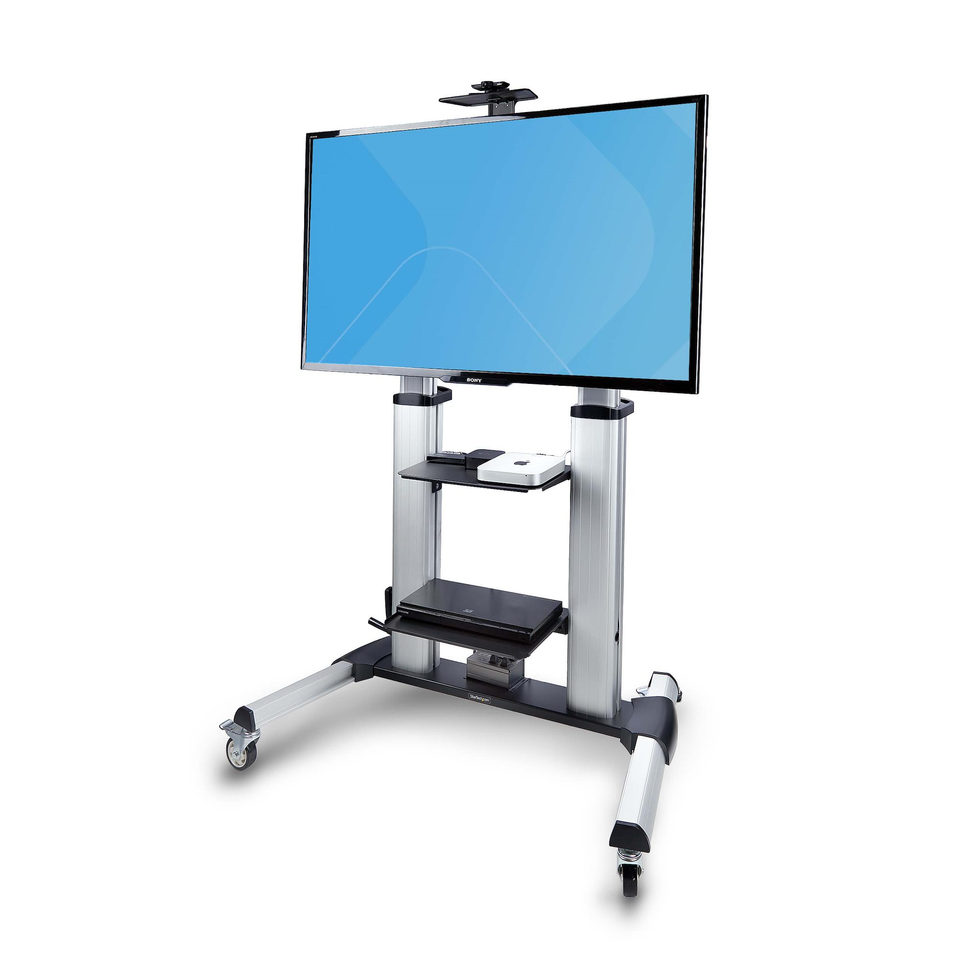 StarTech.com Verrijdbare TV Standaard op Wielen voor 60-100inch Flat Screens tot 100kg, In Hoogte Verstelbaar via Krukas, Mobiele Televisie Standaard/Trolley - Afbeelding 4