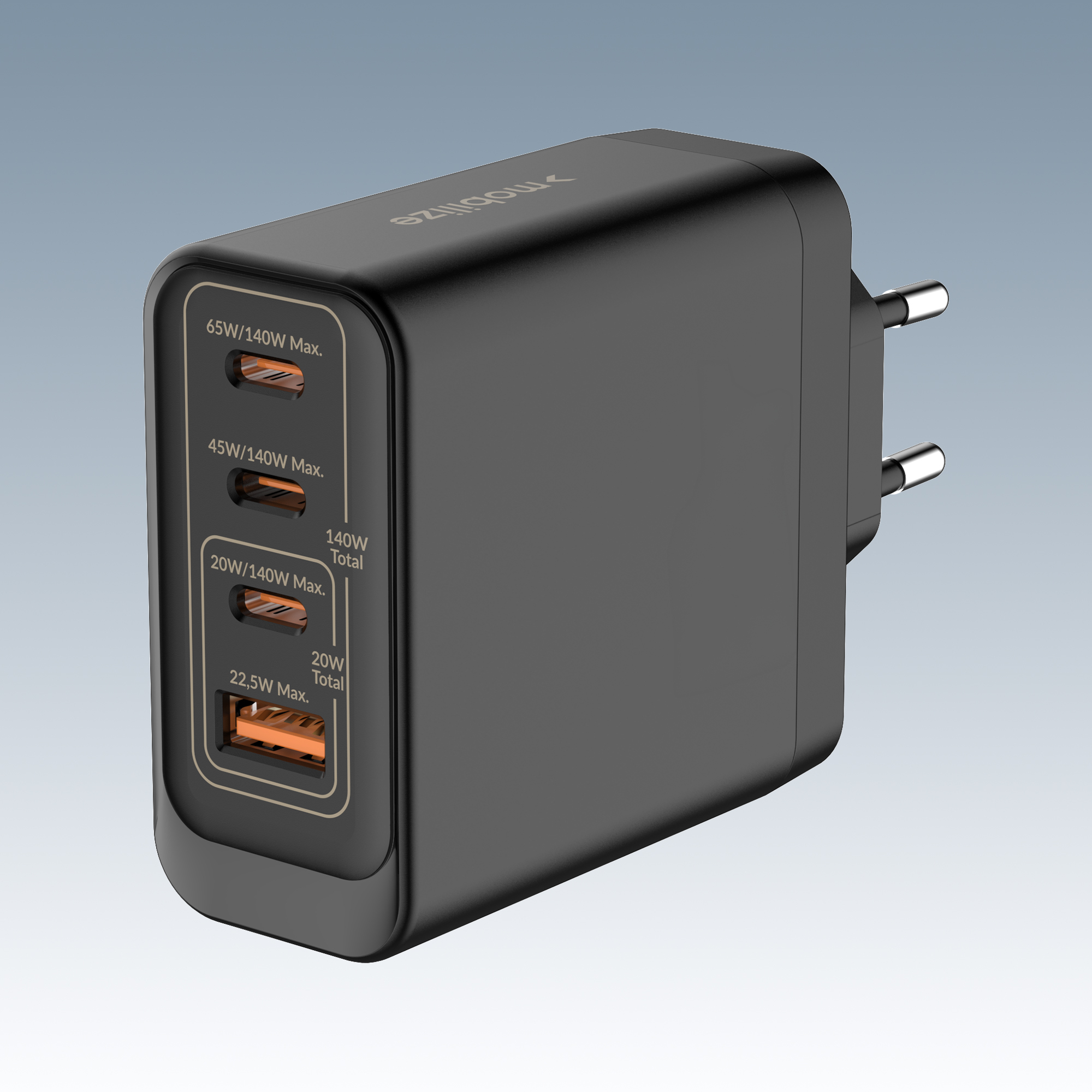 Mobilize Wall Charger 3x USB-C + 1x USB GaN 140W with PD/PPS Black - Afbeelding 2