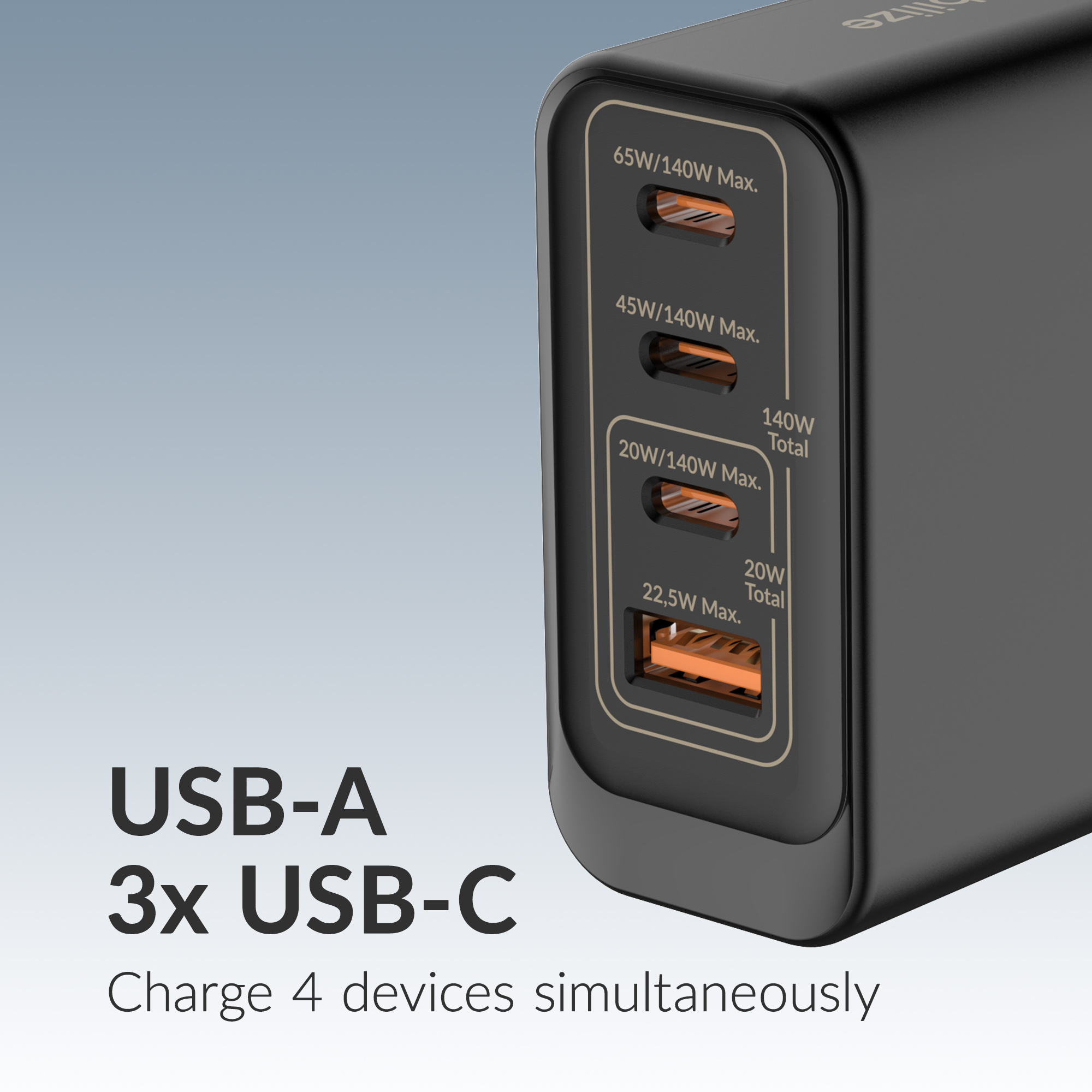 Mobilize Wall Charger 3x USB-C + 1x USB GaN 140W with PD/PPS Black - Afbeelding 4