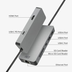 ACT USB-C 4K docking station voor 1 HDMI monitor, ethernet, USB-C, USB-A, cardreader en PD pass-through - Afbeelding 4