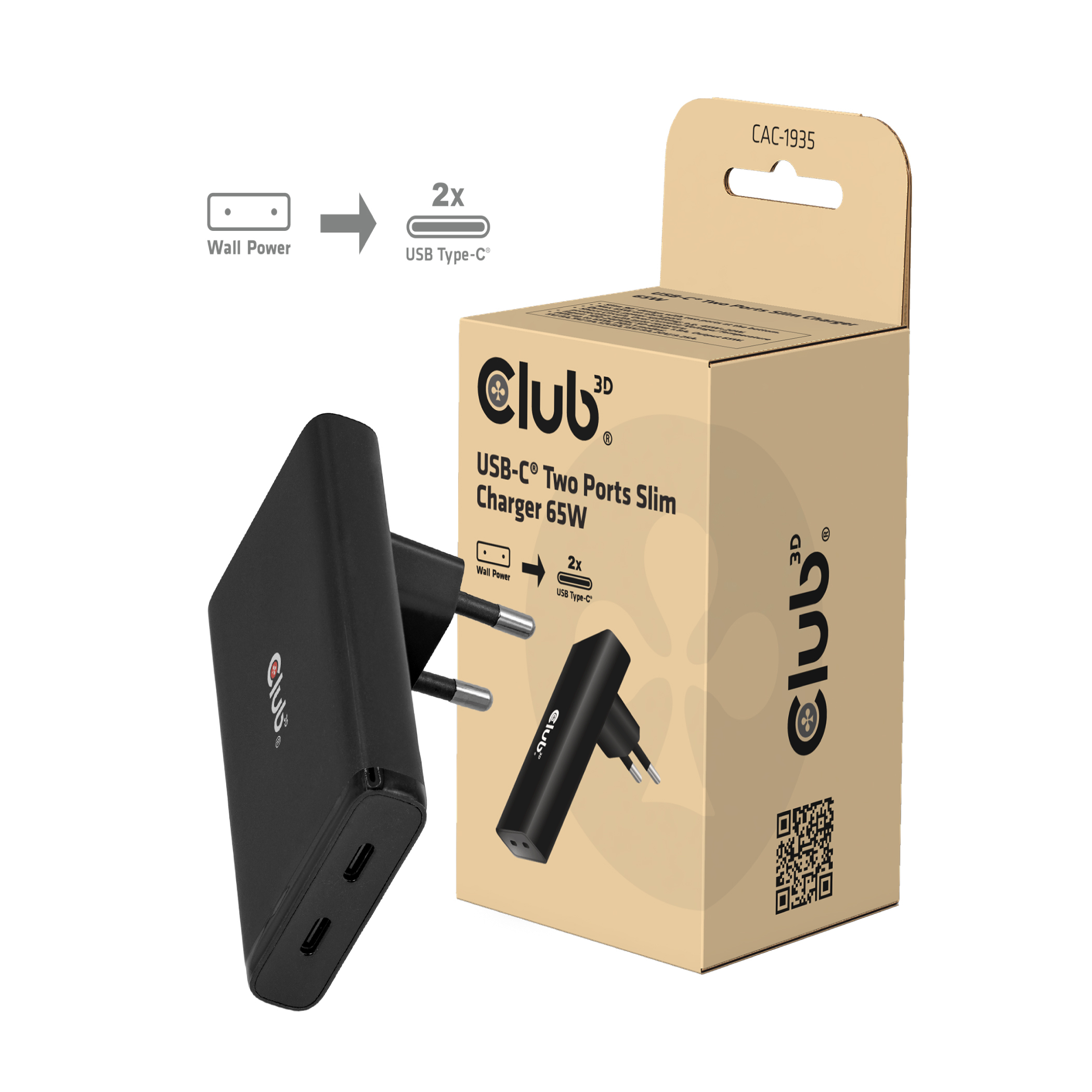 CLUB3D Slanke oplader met twee USB-C®-poorten, 65 W, GaN, PD 3.1, PPS - Afbeelding 2