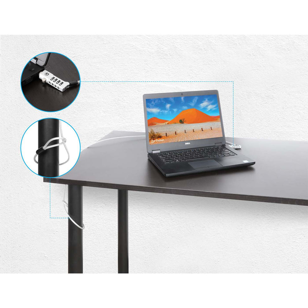 Manhattan Universeel combinatieslot voor laptop (Noble Wedge®, Nano en K-Slot), 3-in-1 diefstalbeveiliging, resetbare 4-cijferige combinatie, kabel van 1,8 m van koolstofstaal, snijbestendig, PVC-coating transparant, zilver - Afbeelding 3