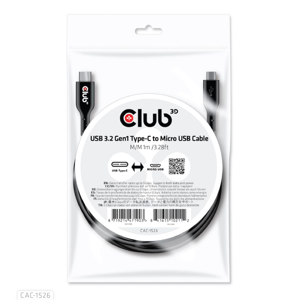 CLUB3D USB 3.2 Gen1 Type-C to Micro USB Cable M/M 1m /3.28ft - Afbeelding 3