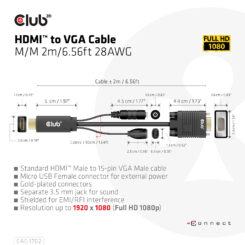 CLUB3D HDMI to VGA Cable M/M 2m/6.56ft 28AWG - Afbeelding 6