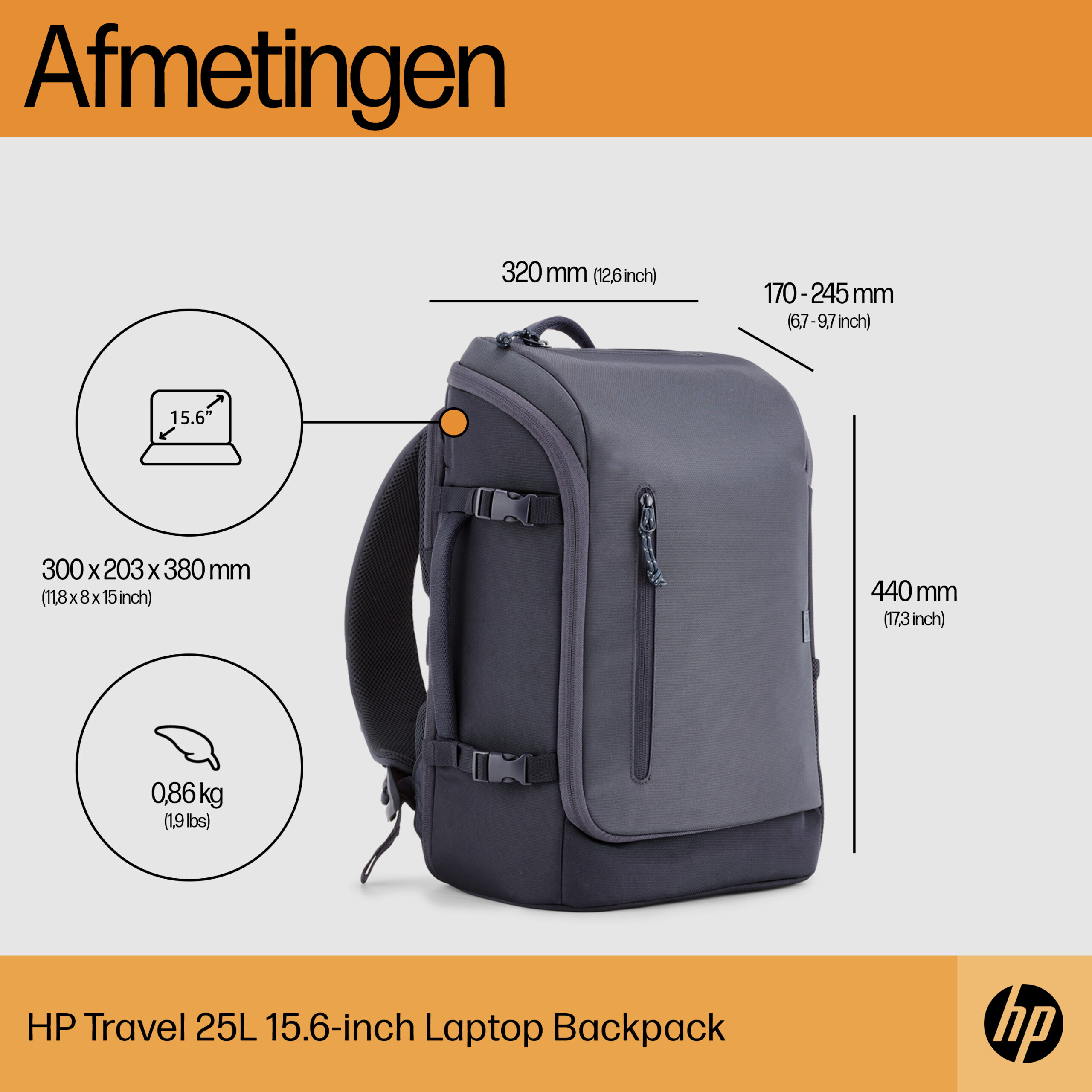 HP Travel 15,6 Iron Grey laptopbackpack, 25 liter - Afbeelding 5
