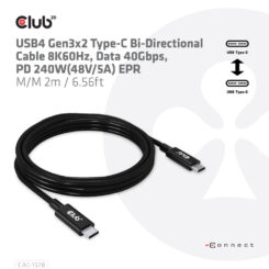 CLUB3D USB4 Gen3x2 Type-C Bi-Directional Cable 8K60Hz, Data 40Gbps, PD 240W(48V/5A) EPR M/M 2m / 6.56ft - Afbeelding 3