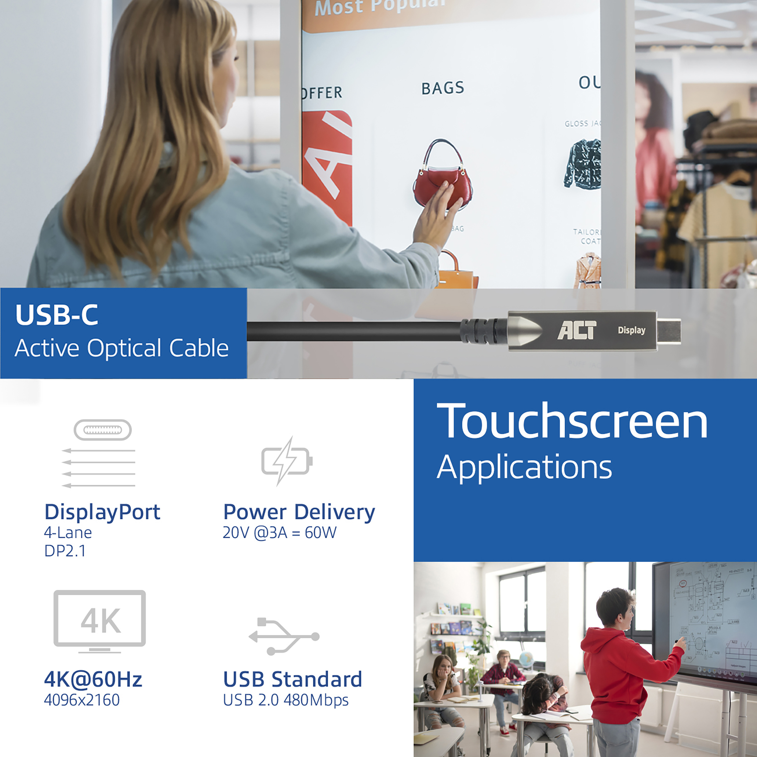 ACT USB-C 3.2 Gen2 Active Optical Cable (AOC), voor touchpanels, video, data, power, 5m - Afbeelding 3
