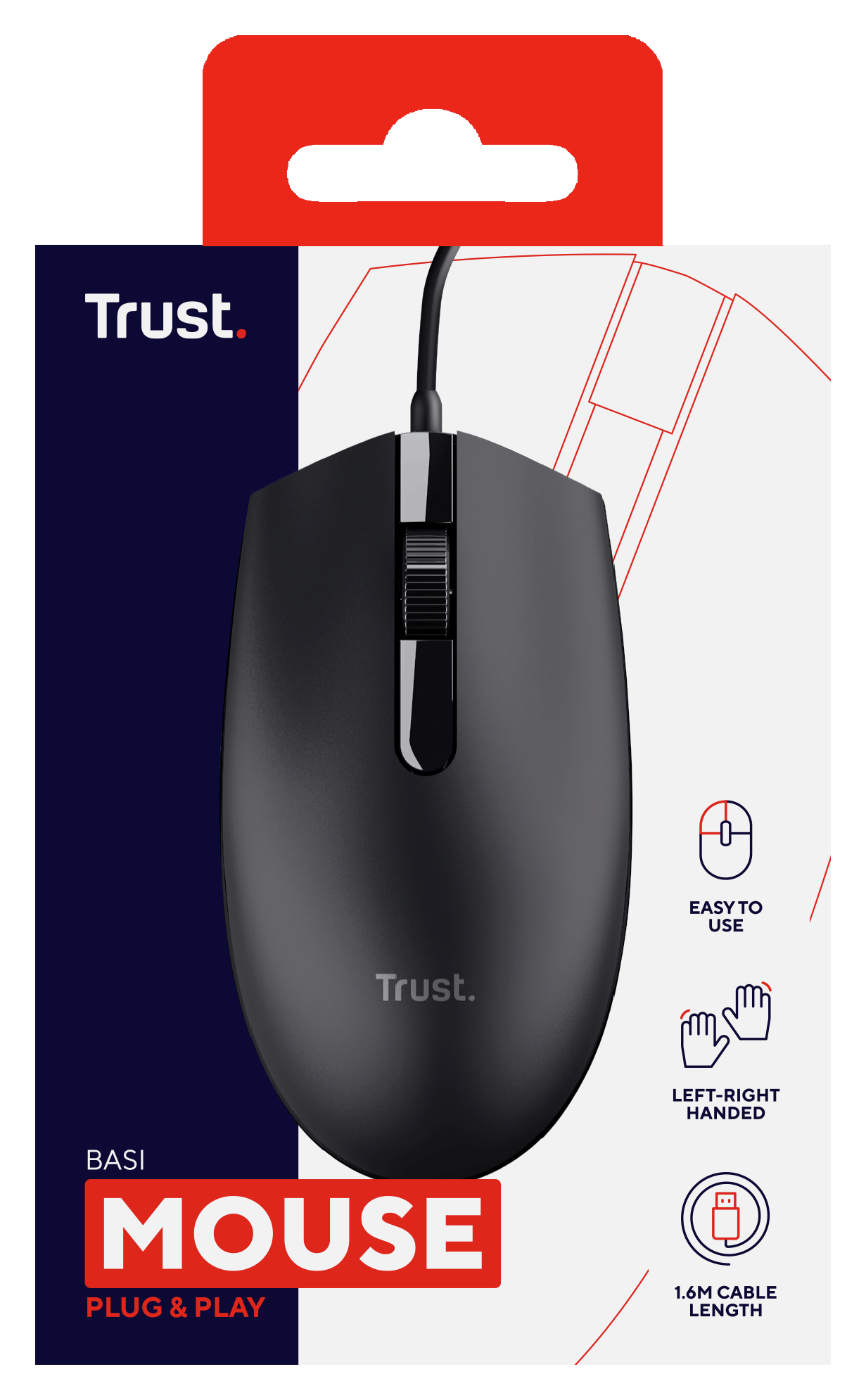 Trust Basi Bedrade Muis - Ambidextere muis – 3 knoppen – 1200 DPI – Zwart - Afbeelding 5
