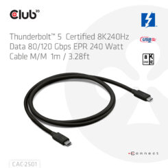 CLUB3D Thunderbolt™ 5 Gecertificeerd 8K240Hz 80/120 Gbps EPR 240 Watt Kabel M/M 1m - Afbeelding 4