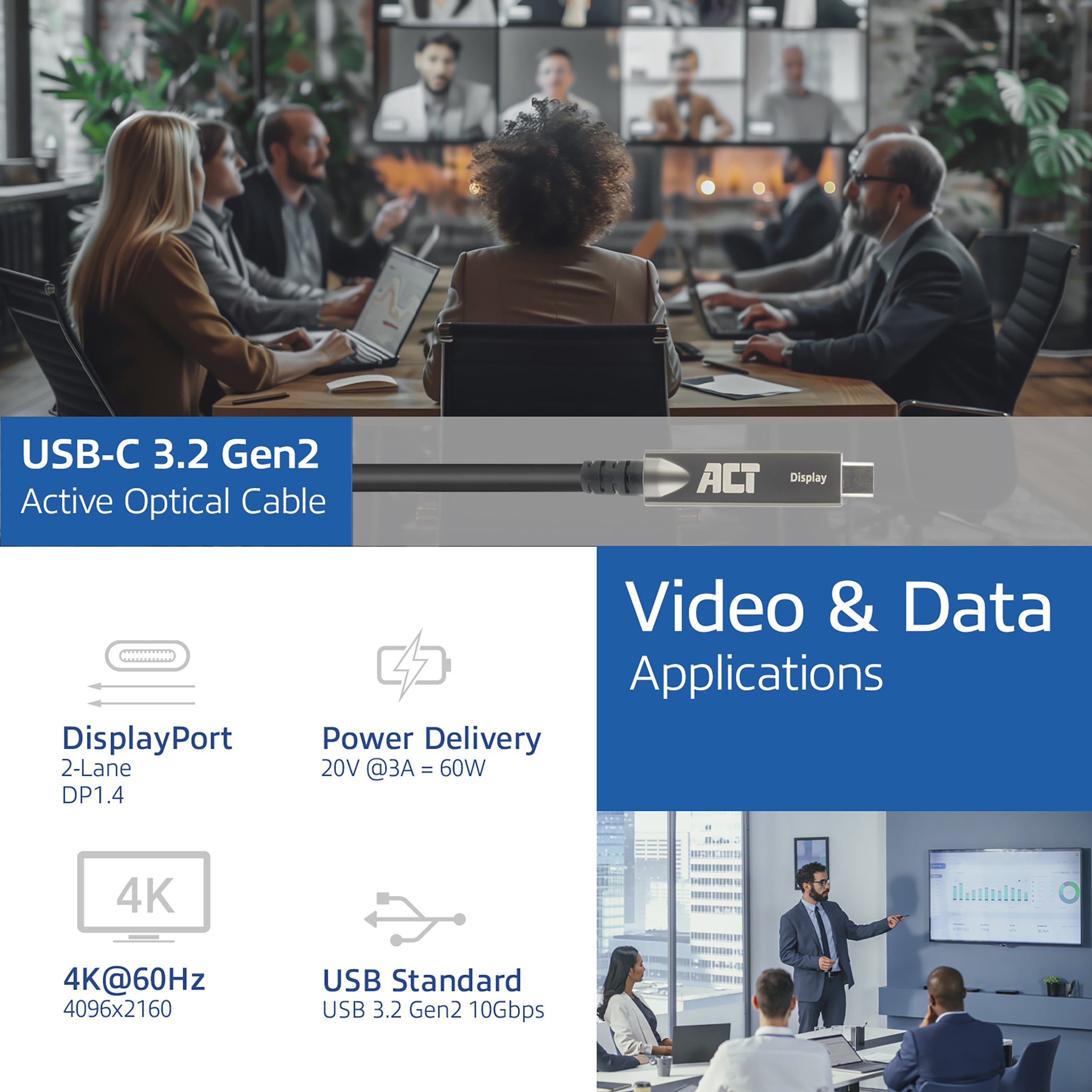 ACT USB-C 3.2 Gen2 Active Optical Cable (AOC), voor touchpanels, video, data, power, 5m - Afbeelding 4