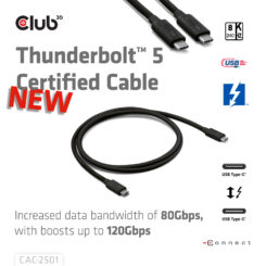 CLUB3D Thunderbolt™ 5 Gecertificeerd 8K240Hz 80/120 Gbps EPR 240 Watt Kabel M/M 1m - Afbeelding 3