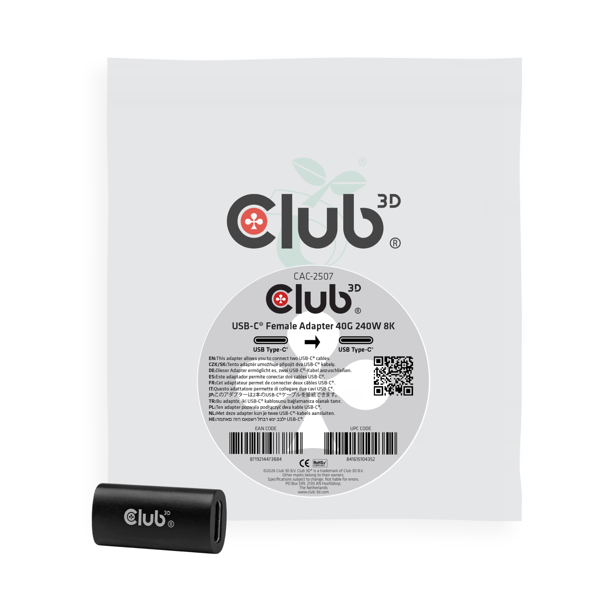 CLUB3D USB-C®-vrouwelijke adapter 40G 240 W 8K 60 Hz