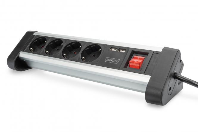 DIGITUS 4-way Office Power Strip with 2x USB On/Off Switch - Alu-housing - USB out: 5V/2A - Black/Silver