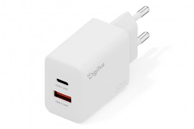 DIGITUS USB GaN Charger 30W - 1x USB-C - 1x USB-A - White