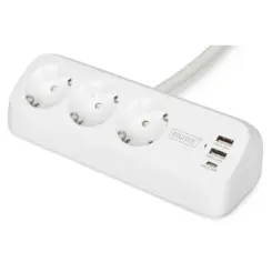 DIGITUS 3-way Office Socket - Incl. 2x USB-A + 1x USB-C - 3680W + 12W + 30W - 1.5m - White