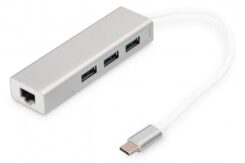 DIGITUS 3 Port USB 3.0 Type-C Hub with Gigabit Ethernet 3xUSB A/F,1xUSB C/M,1xRJ45 LAN - Win/Mac OS