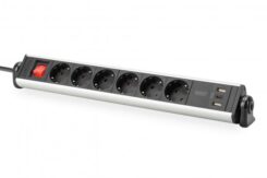 DIGITUS 6-way office power strip with 3x USB ports -  Aluminium Housing - Black/Silver