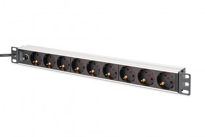 DIGITUS Socket Strip - 9 Way Outlet - Aluminum profile and back-up fuse - 2m - Supply Cable - IEC C14 Plug