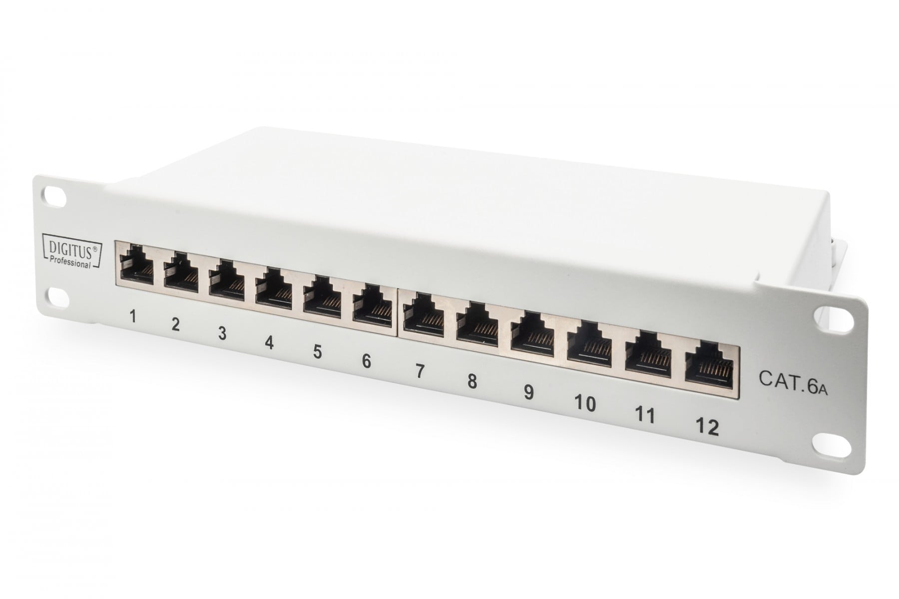 DIGITUS CAT 6A Patch Panel - Shielded - 12-Port Label Field - 1U - 10inch Rack Mount - Grey