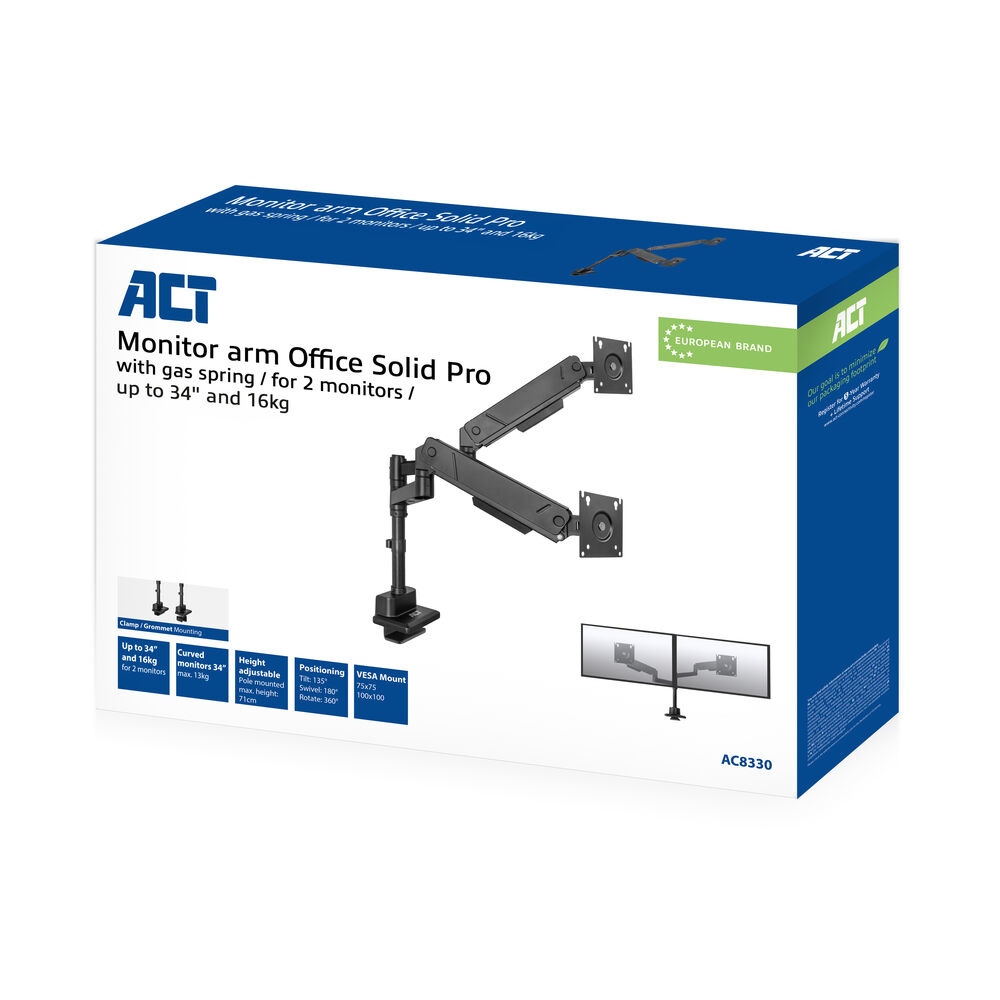 ACT Monitorarm 34" office solid pro, gasveer, paalbevestiging, 2 schermen - Afbeelding 5