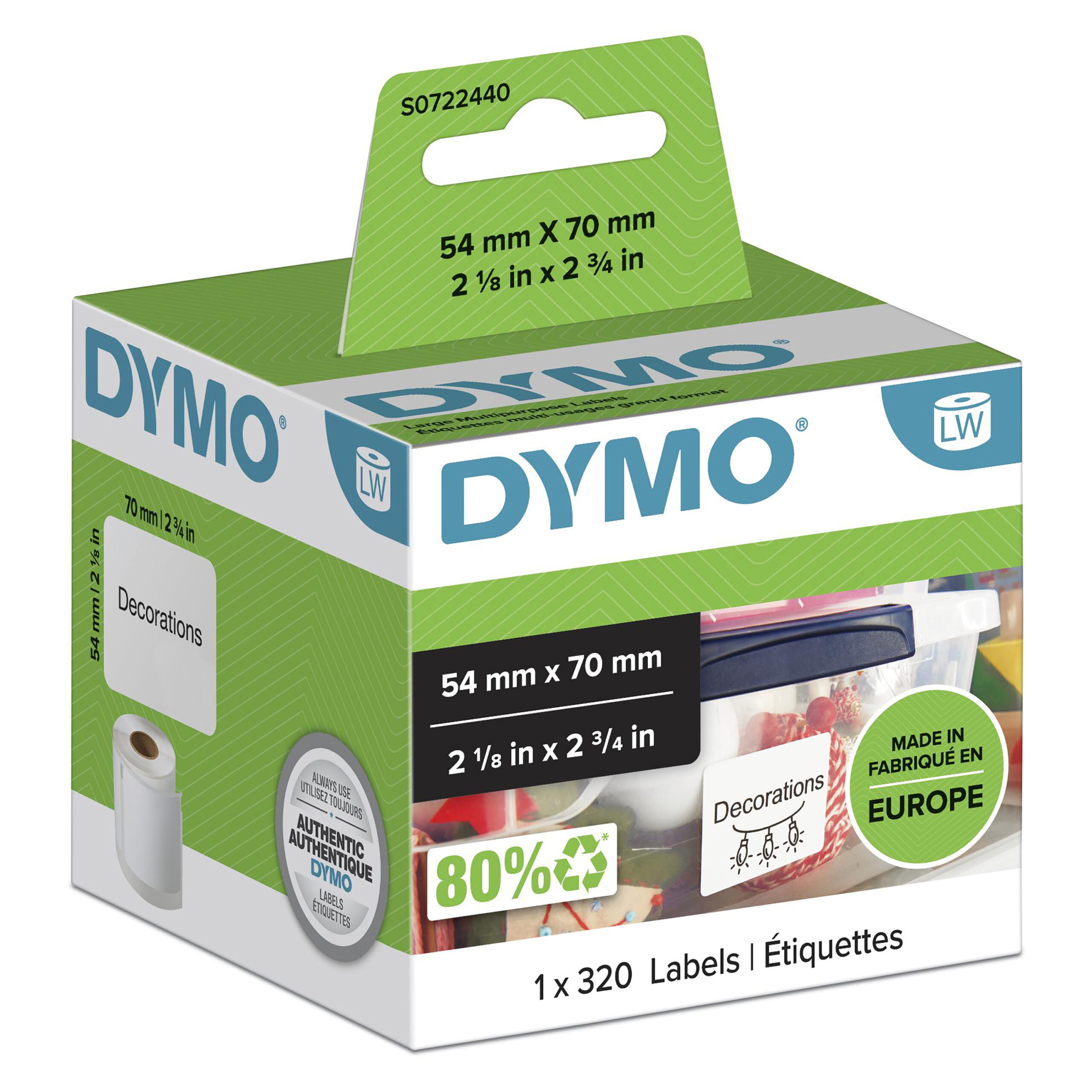 DYMO originele multifunctionele LabelWriter labels | 54 mm x 70 mm | 320 zelfklevende etiketten | voor de LabelWriter labelprinters | gemaakt in Europa - Afbeelding 3