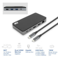 ACT USB-C 4K MST dockingstation voor 2 HDMI-monitoren, Ethernet, USB-C, 3x USB-A, PD passthrough en 1 meter lange afneembare USB-C-kabel - Afbeelding 4
