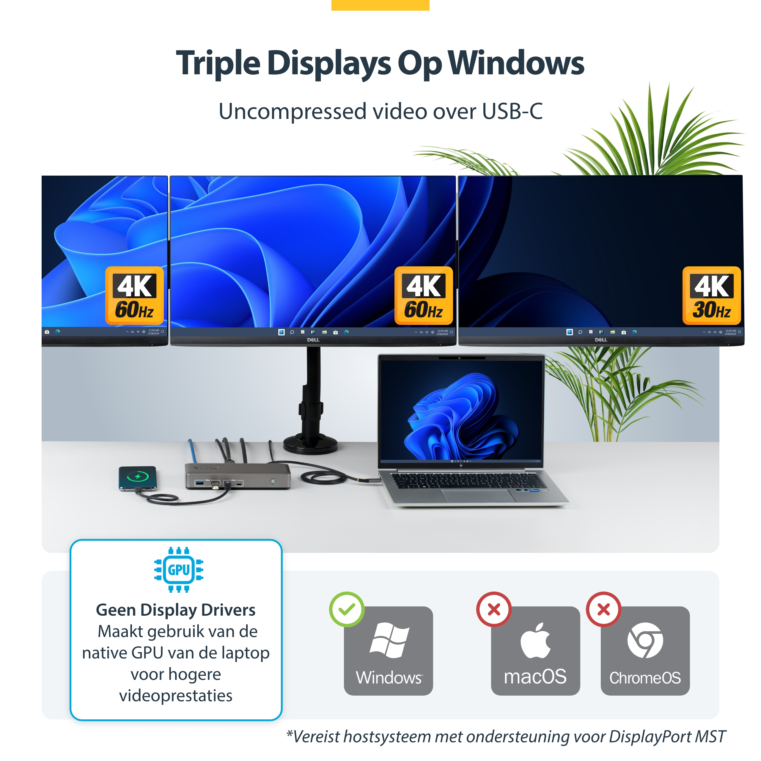 StarTech.com USB-C Docking Station Triple 4K Displays (2x 4K 60Hz, 1x 4K 30Hz), 100W Power Delivery, 6x USB 10Gbps, Gigabit Ethernet, DisplayPort + HDMI, Driverless Windows Laptop Dock - Afbeelding 4