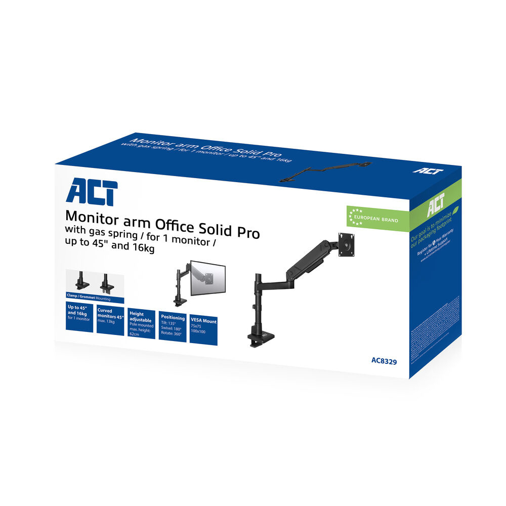 ACT Monitorarm 45" office solid pro, gasveer, paalbevestiging, 1 scherm - Afbeelding 6