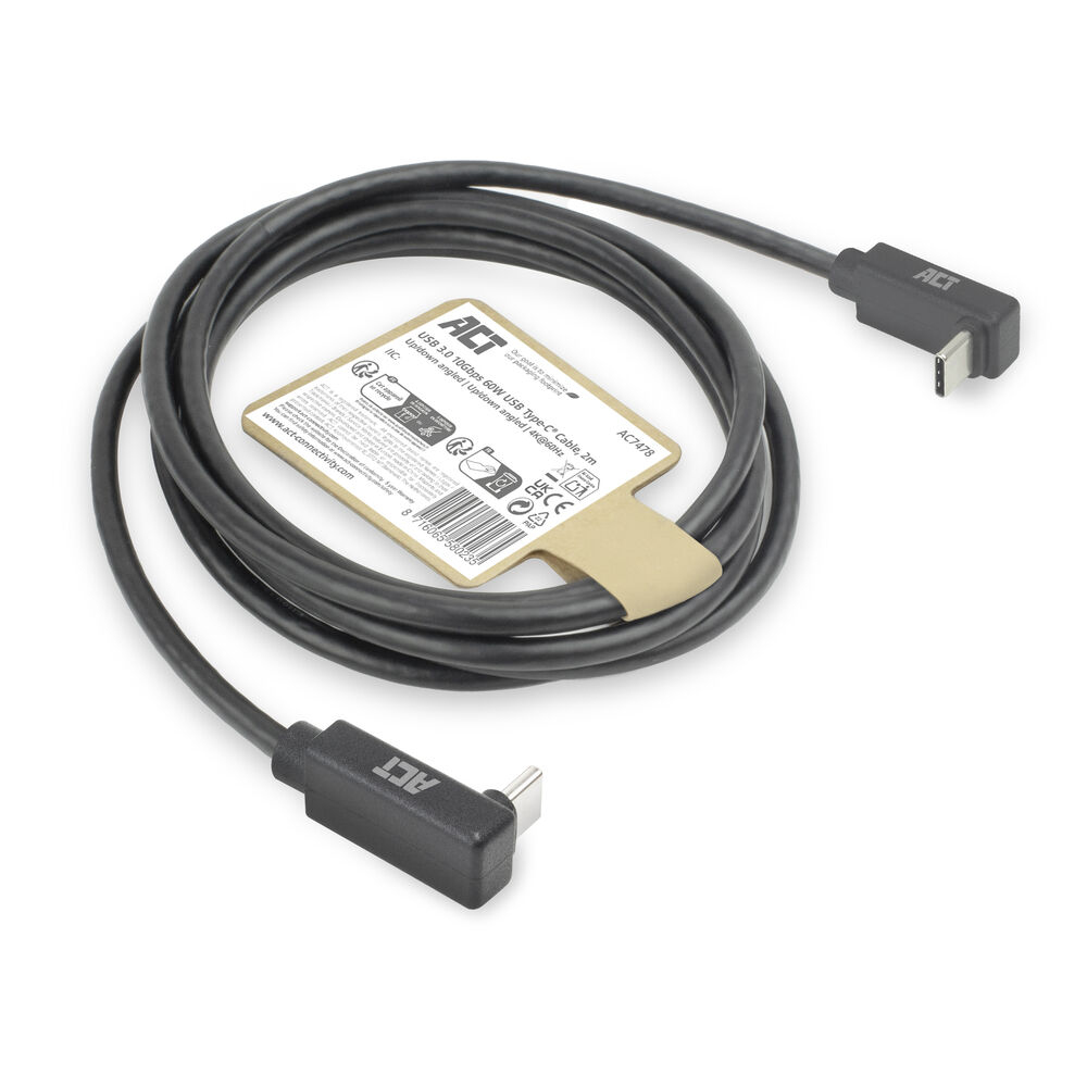 ACT USB 3.0 10Gbps 60W USB Type-C (haaks boven/beneden) naar USB Type-C (haaks boven/beneden) kabel, 2 meter - Afbeelding 4
