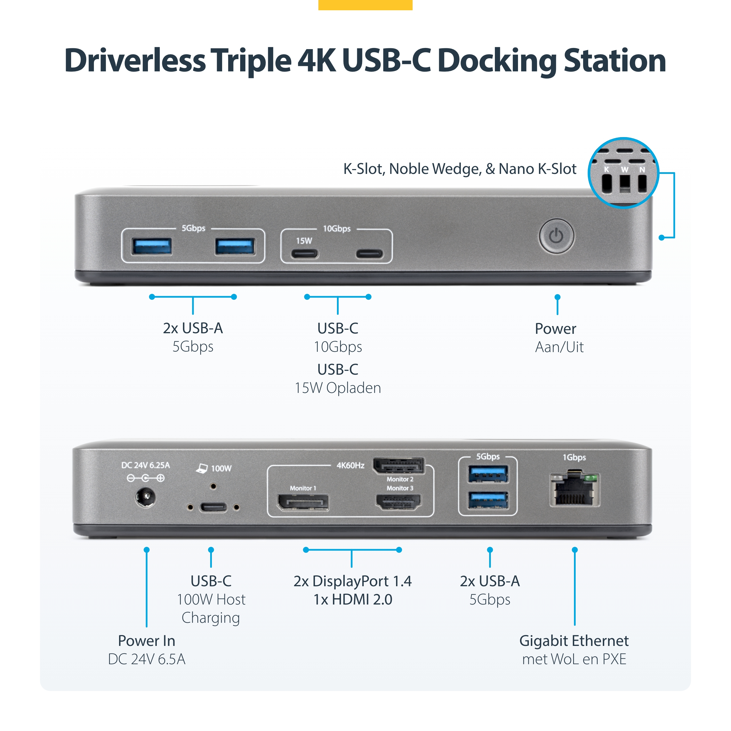 StarTech.com USB-C Docking Station Triple 4K Displays (2x 4K 60Hz, 1x 4K 30Hz), 100W Power Delivery, 6x USB 10Gbps, Gigabit Ethernet, DisplayPort + HDMI, Driverless Windows Laptop Dock - Afbeelding 3