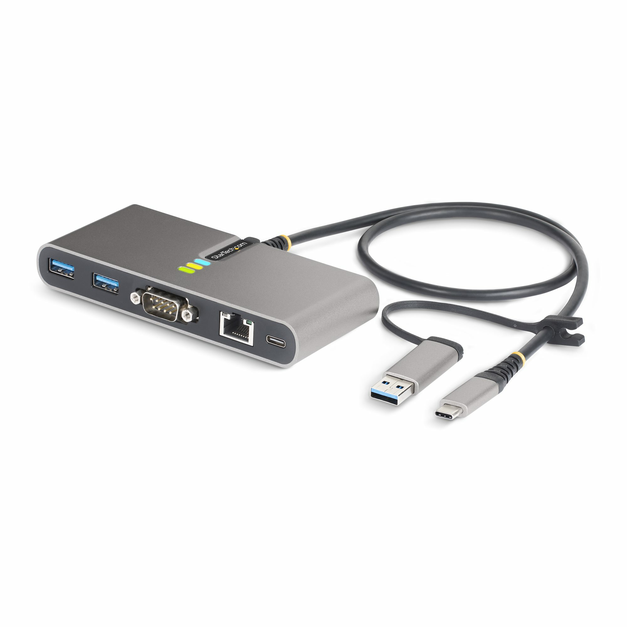 StarTech.com 2-Port USB-C Hub met Ethernet en RS-232, Geïntegreerde USB-C naar USB-A Dongle, 100W PD Pass-Through, 2x USB-A 5Gbps, Gigabit Ethernet, RS232 Serial (FTDI)