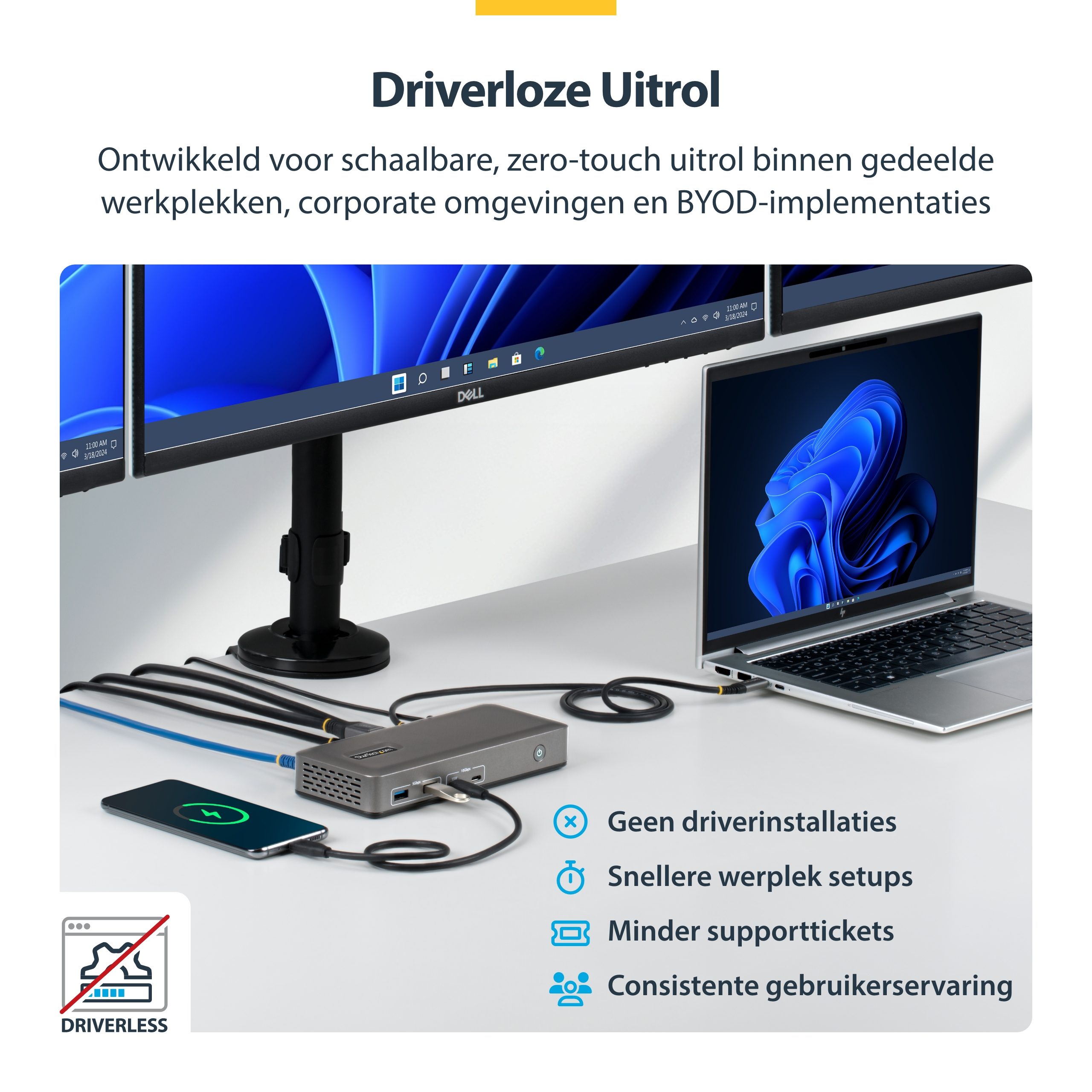 StarTech.com USB-C Docking Station Triple 4K Displays (2x 4K 60Hz, 1x 4K 30Hz), 100W Power Delivery, 6x USB 10Gbps, Gigabit Ethernet, DisplayPort + HDMI, Driverless Windows Laptop Dock - Afbeelding 6