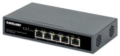 Intellinet 5-poorts Gigabit netwerk switch met PoE passthrough, 1x 95 W PD-ingang (802.3bt), 4x PSE PoE-uitgang, IEEE 802.3at/af conform, desktopof wandmontage, 3 jaar garantie