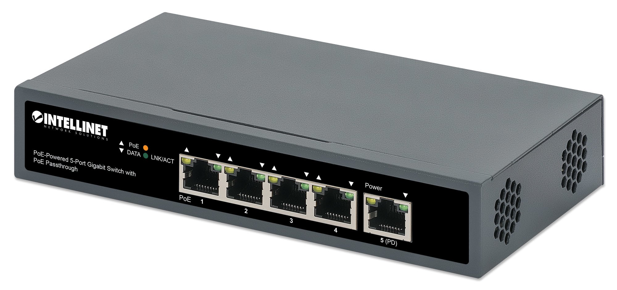 Intellinet 5-poorts Gigabit netwerk switch met PoE passthrough, 1x 95 W PD-ingang (802.3bt), 4x PSE PoE-uitgang, IEEE 802.3at/af conform, desktopof wandmontage, 3 jaar garantie