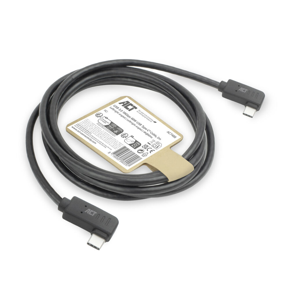 ACT USB 3.0 10Gbps 60W USB Type-C (haaks links/rechts) naar USB Type-C (haaks links/rechts) kabel, 1 meter - Afbeelding 3