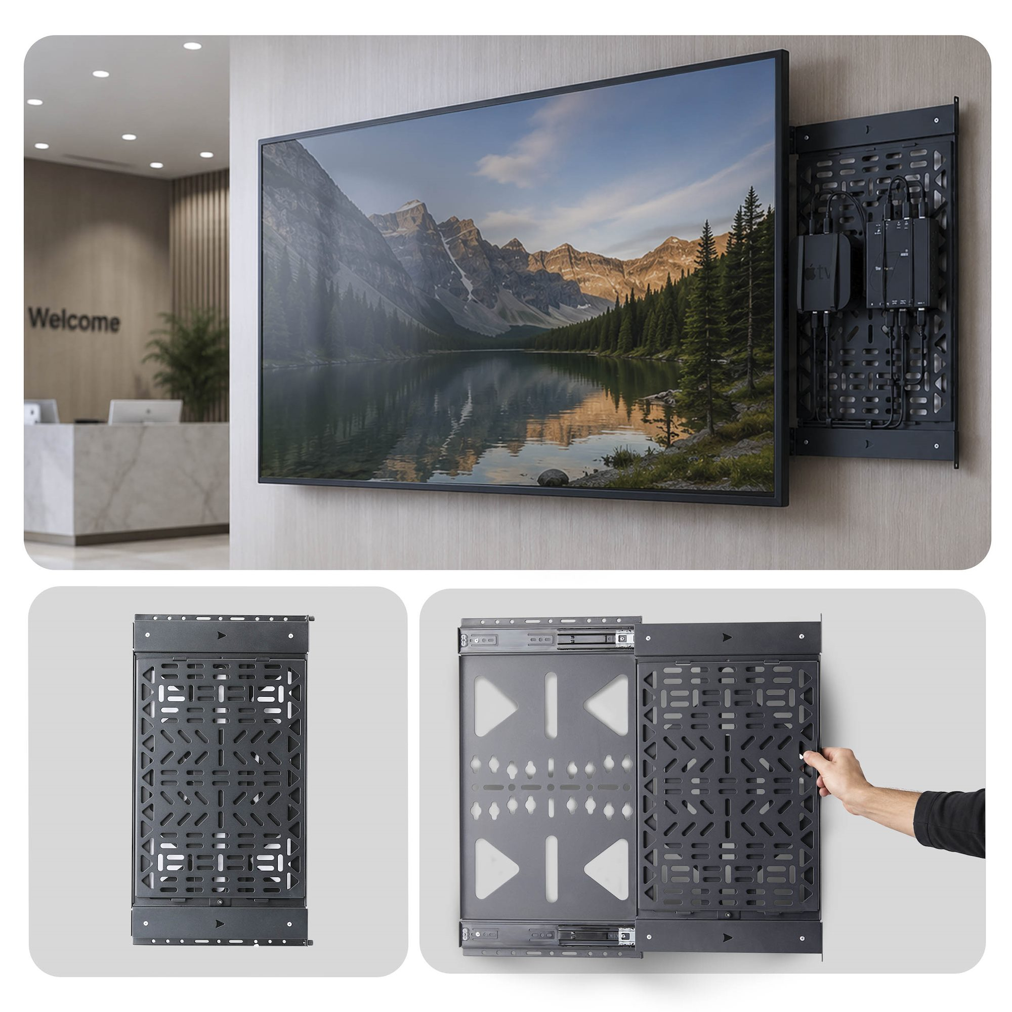StarTech.com Uitschuifbaar Opbergpaneel voor AV Componenten, Kabelboxen en Accessoires, Wandmontage Achter TV met Eenvoudige Toegang, 10kg Max - Afbeelding 4