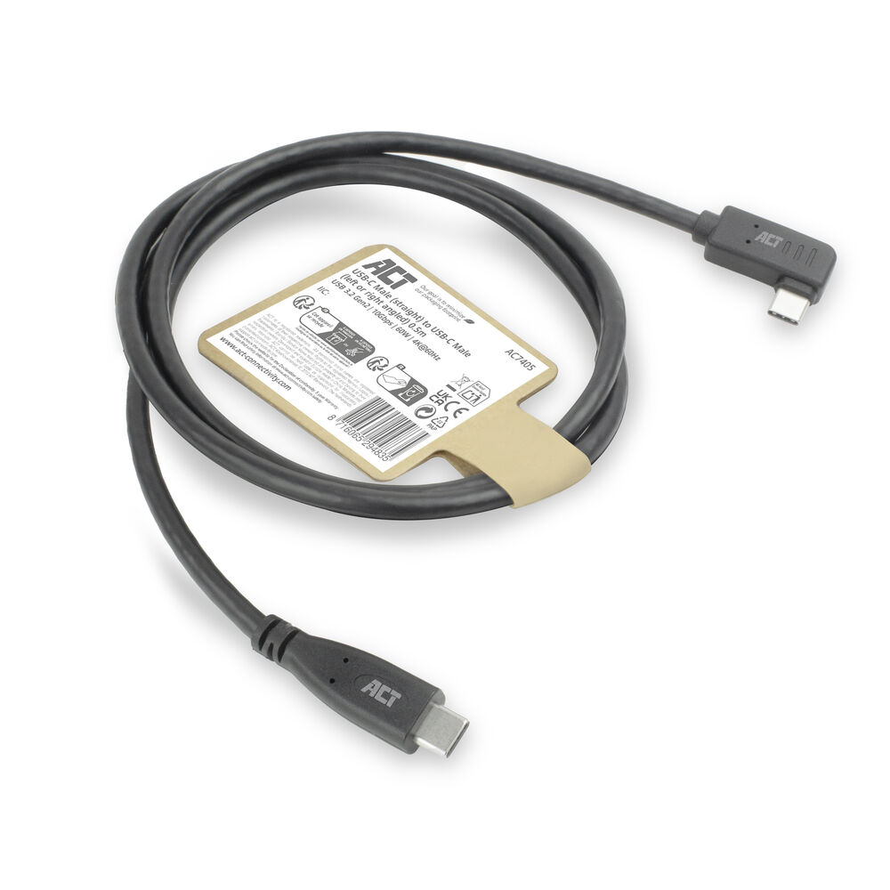 ACT USB 3.0 10Gbps 60W USB Type-C (recht) naar USB Type-C (haaks links/rechts) kabel, 0,5 meter - Afbeelding 3