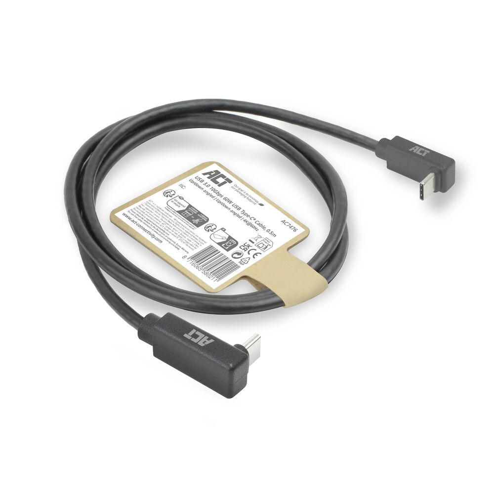 ACT USB 3.0 10Gbps 60W USB Type-C (haaks boven/beneden) naar USB Type-C (haaks boven/beneden) kabel, 2 meter - Afbeelding 3