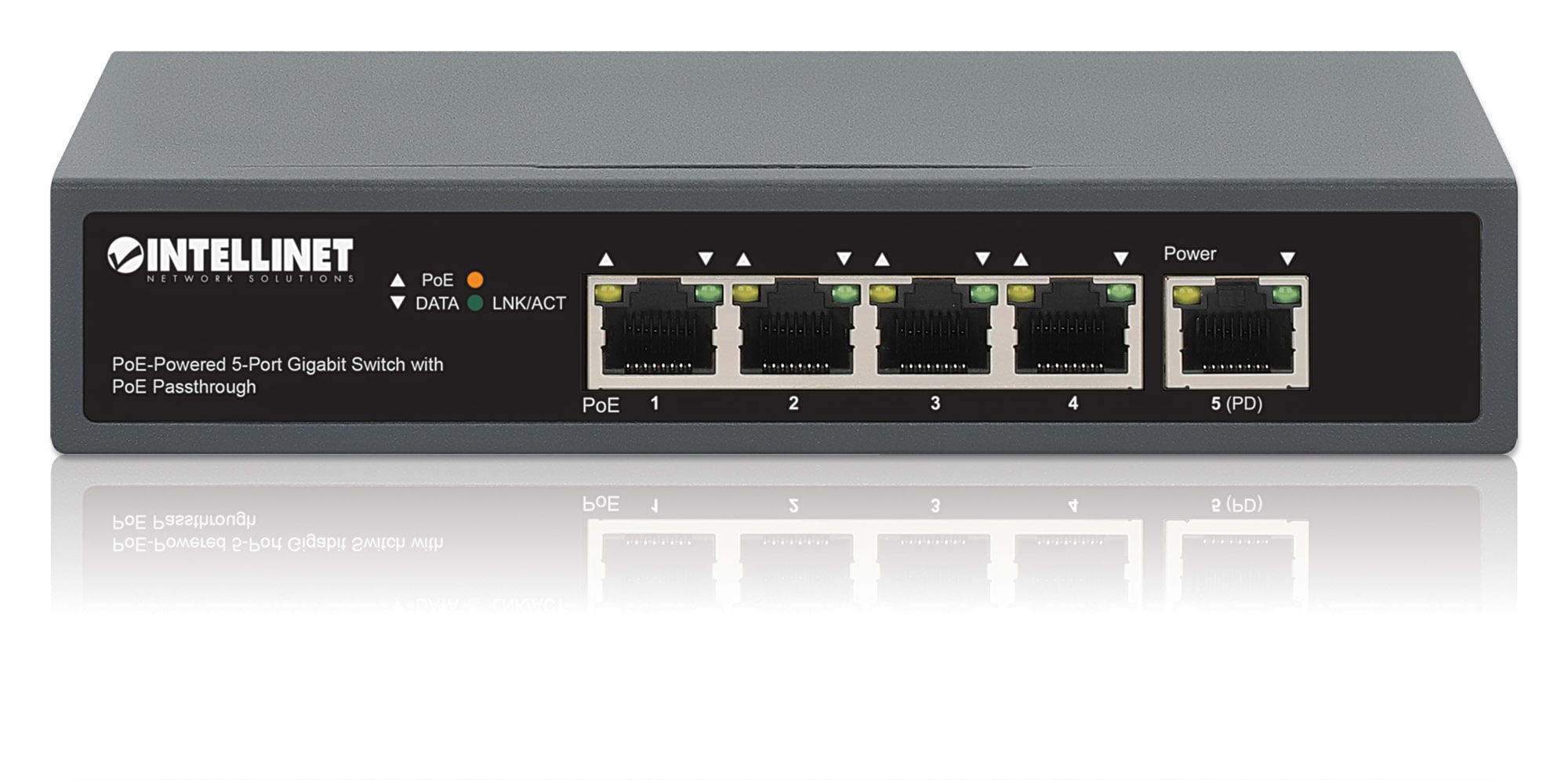Intellinet 5-poorts Gigabit netwerk switch met PoE passthrough, 1x 95 W PD-ingang (802.3bt), 4x PSE PoE-uitgang, IEEE 802.3at/af conform, desktopof wandmontage, 3 jaar garantie - Afbeelding 6