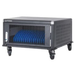 Manhattan Laadkast/Laadtrolley voor 20 laptops (tot 16"), laden via interne AC-adapters (EU) (installatie van voedingskabels van apparaten vereist), geschikt voor ALLE laptops, iPad, MacBook en Chromebook, vakken 380×30×280 mm, afsluitbaar