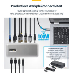StarTech.com USB-C Docking Station Triple 4K Displays (2x 4K 60Hz, 1x 4K 30Hz), 100W Power Delivery, 6x USB 10Gbps, Gigabit Ethernet, DisplayPort + HDMI, Driverless Windows Laptop Dock - Afbeelding 5