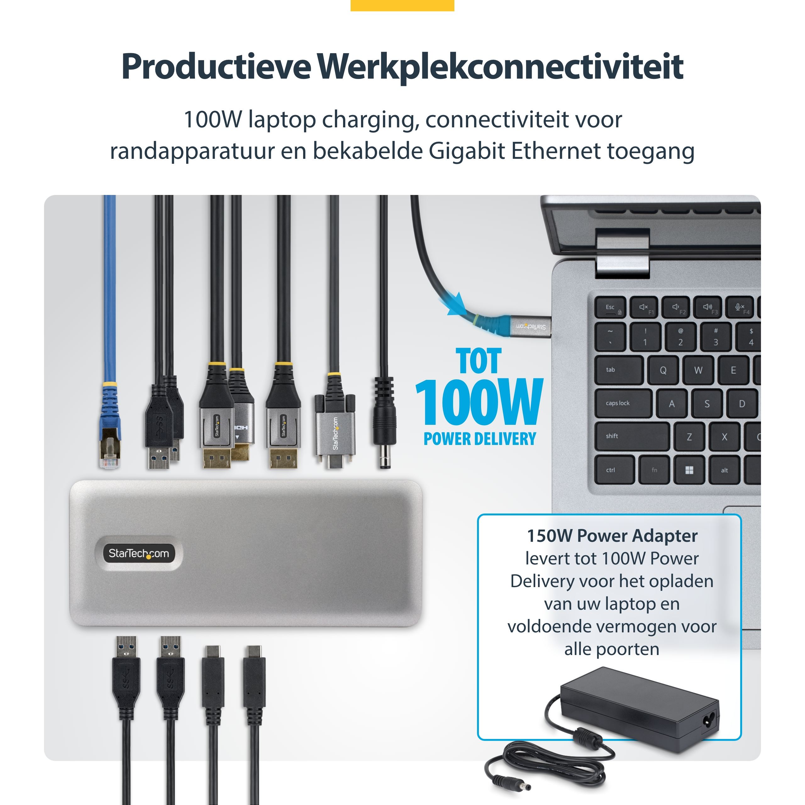 StarTech.com USB-C Docking Station Triple 4K Displays (2x 4K 60Hz, 1x 4K 30Hz), 100W Power Delivery, 6x USB 10Gbps, Gigabit Ethernet, DisplayPort + HDMI, Driverless Windows Laptop Dock - Afbeelding 5