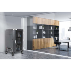 Manhattan Laadtrolley voor 30 laptops (tot 16"), laden via interne AC-adapters (EU) (installatie van voedingskabels van apparaten vereist), geschikt voor ALLE laptops, iPad, MacBook en Chromebook, vakken 380×30×280 mm, landkast, afsluitbaar - Afbeelding 3